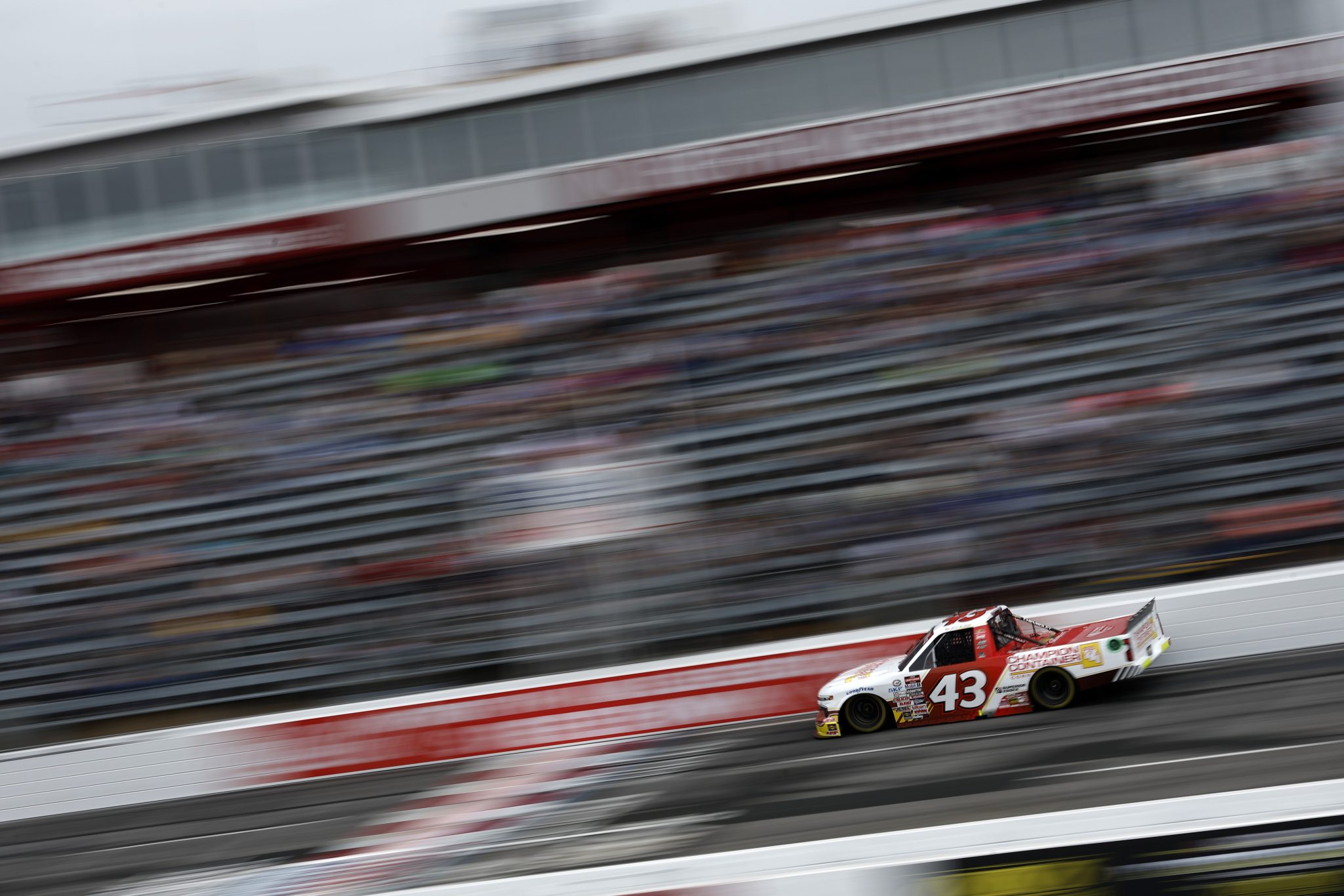 NORTH WILKESBORO, NORTH CAROLINA - MAY 19: Daniel Dye, driver of the #43 Champion Container Chevrolet, drives during practice for the NASCAR Craftsman Truck Series Tyson 250 at North Wilkesboro Speedway on May 19, 2023 in North Wilkesboro, North Carolina. (Photo by Jared C. Tilton/Getty Images) | Getty Images