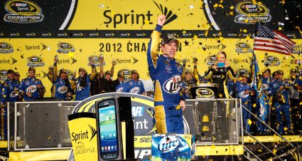 HOMESTEAD, FL - NOVEMBER 18:  Brad Keselowski, driver of the #2 Miller Lite Dodge, celebrates in Champions Victory Lane after winning the series championship and finishing in fifteenth place for the NASCAR Sprint Cup Series Ford EcoBoost 400 at Homestead-Miami Speedway on November 18, 2012 in Homestead, Florida.  (Photo by Chris Graythen/Getty Images) | Getty Images