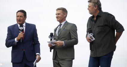 FORT WORTH, TEXAS - MAY 22: (L-R) NASCAR Fox Sports broadcasters Chris Myers, and  Clint Bowyer and singer and television personality Blake Shelton introduce driver during pre-race ceremonies prior to the NASCAR Cup Series All-Star Race at Texas Motor Speedway on May 22, 2022 in Fort Worth, Texas. (Photo by Chris Graythen/Getty Images) | Getty Images