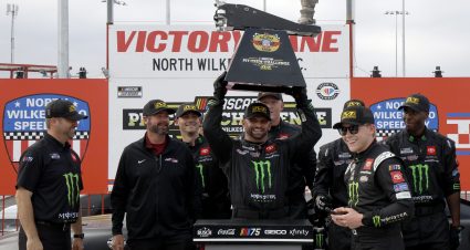 NORTH WILKESBORO, NORTH CAROLINA - MAY 19: Ty Gibbs, driver of the #54 Monster Energy Toyota, and pit crew celebrate in victory lane after winning  the NASCAR Cup Series All-Star Race Qualifying Pit Crew Challenge at North Wilkesboro Speedway on May 19, 2023 in North Wilkesboro, North Carolina. (Photo by Chris Graythen/Getty Images) | Getty Images
