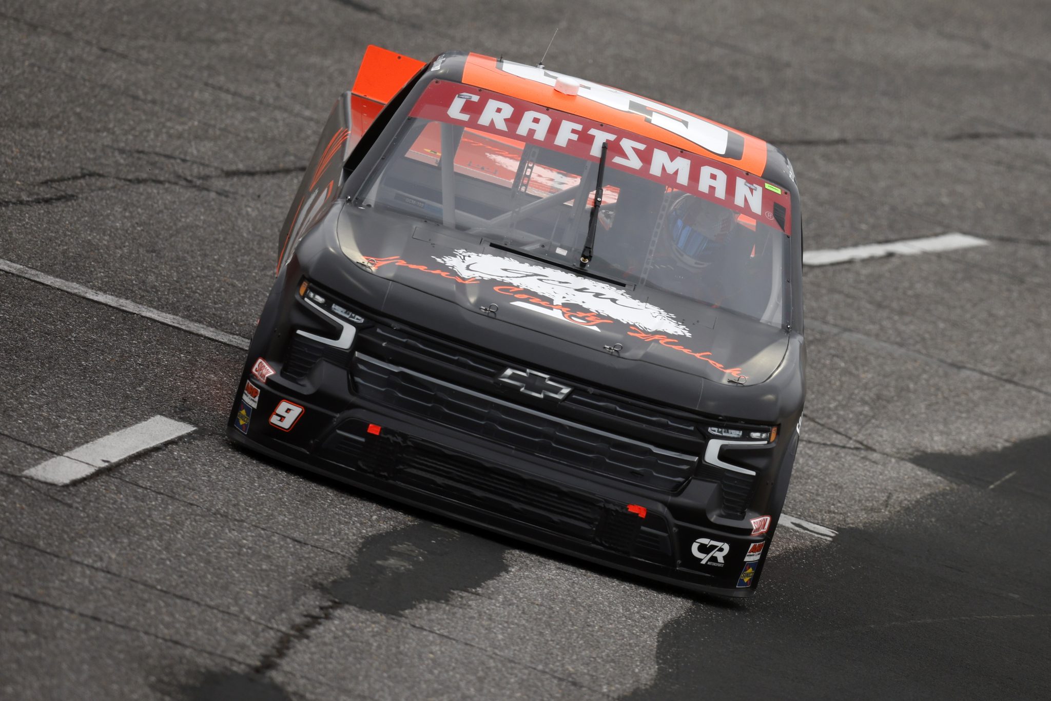 NORTH WILKESBORO, NORTH CAROLINA - MAY 20: Colby Howard, driver of the #9 Grant County Mulch Chevrolet, drives during qualifying for the NASCAR Craftsman Truck Series Tyson 250 at North Wilkesboro Speedway on May 20, 2023 in North Wilkesboro, North Carolina. (Photo by Sean Gardner/Getty Images) | Getty Images