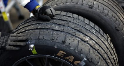 NORTH WILKESBORO, NORTH CAROLINA - MAY 20: A detail view of the wear on the Goodyear Eagle Wet-Weather radials tires of the #9 NAPA Auto Parts Chevrolet, driven by Chase Elliott during qualifying heat #1 for the NASCAR Cup Series All-Star Race at North Wilkesboro Speedway on May 20, 2023 in North Wilkesboro, North Carolina. (Photo by Chris Graythen/Getty Images) | Getty Images