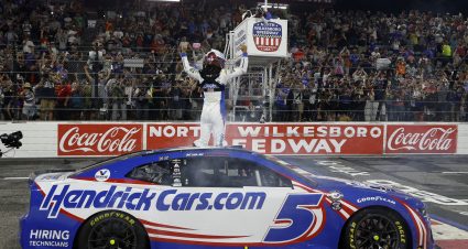 NORTH WILKESBORO, NORTH CAROLINA - MAY 21: Kyle Larson, driver of the #5 HendrickCars.com Chevrolet, celebrates after winning the NASCAR Cup Series All-Star Race at North Wilkesboro Speedway on May 21, 2023 in North Wilkesboro, North Carolina. (Photo by Chris Graythen/Getty Images) | Getty Images
