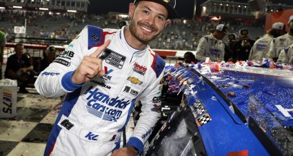 NORTH WILKESBORO, NORTH CAROLINA - MAY 21: Kyle Larson, driver of the #5 HendrickCars.com Chevrolet, poses next to his winner sticker in victory lane after winning the NASCAR Cup Series All-Star Race at North Wilkesboro Speedway on May 21, 2023 in North Wilkesboro, North Carolina. (Photo by Chris Graythen/Getty Images) | Getty Images