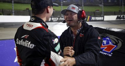 MARTINSVILLE, VIRGINIA - APRIL 14: Tricon Garage co-owner David Gilliland celebrates with Corey Heim, driver of the #11 Safelite Toyota, after winning the weather-shortened 
NASCAR Craftsman Truck Series Long John Silver's 200 at Martinsville Speedway on April 14, 2023 in Martinsville, Virginia. (Photo by Jared C. Tilton/Getty Images) | Getty Images