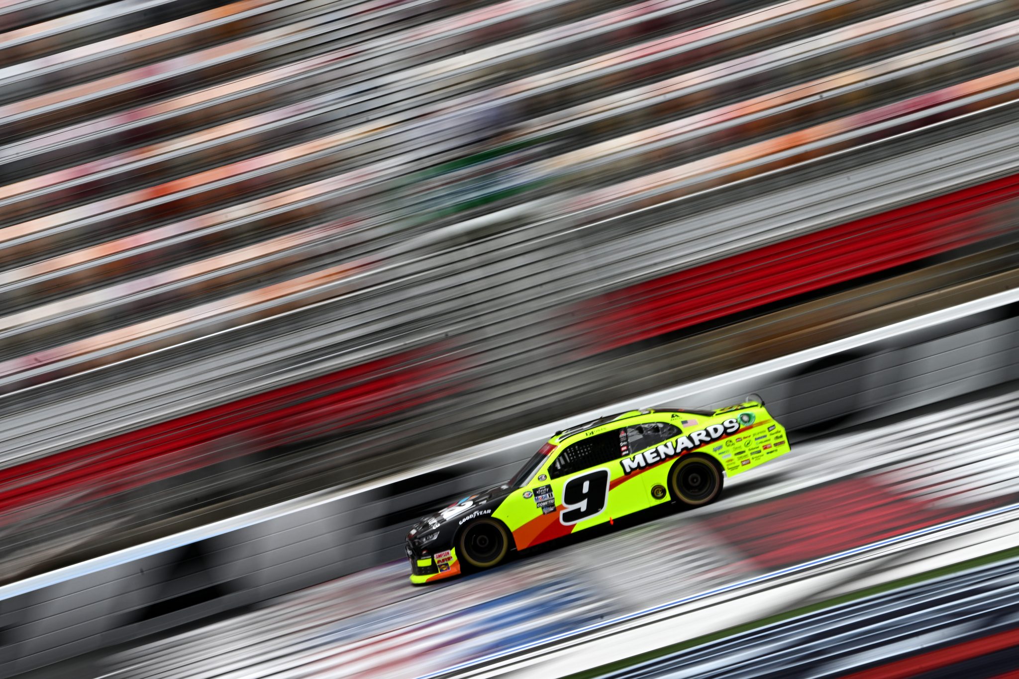 CONCORD, NORTH CAROLINA - MAY 26: Brandon Jones, driver of the #9 Menards/Bali Blinds & Shades Chevrolet, drives during practice for the NASCAR Xfinity Series Alsco Uniforms 300 at Charlotte Motor Speedway on May 26, 2023 in Concord, North Carolina. (Photo by Logan Riely/Getty Images) | Getty Images