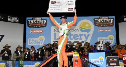 CONCORD, NORTH CAROLINA - MAY 26: Ben Rhodes, driver of the #99 Campers Inn RV Ford, celebrates in Victory Lane after winning the NASCAR Craftsman Truck Series North Carolina Education Lottery 200 at Charlotte Motor Speedway on May 26, 2023 in Concord, North Carolina. (Photo by Logan Riely/Getty Images) | Getty Images