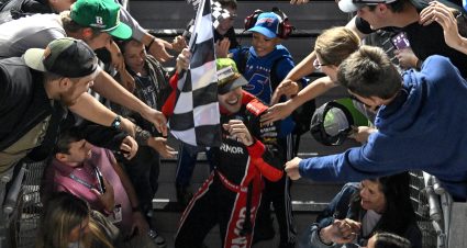 CONCORD, NORTH CAROLINA - MAY 29: Ryan Blaney, driver of the #12 BodyArmor Cherry Lime Ford, celebrates with fans after winning the NASCAR Cup Series Coca-Cola 600 at Charlotte Motor Speedway on May 29, 2023 in Concord, North Carolina. (Photo by Logan Riely/Getty Images) | Getty Images