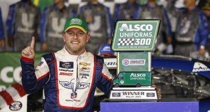 CONCORD, NORTH CAROLINA - MAY 29: Justin Allgaier, driver of the #7 Unilever Military DeCA RCPT Chevrolet, celebrates in victory lane after winning the NASCAR Xfinity Series Alsco Uniforms 300 at Charlotte Motor Speedway on May 29, 2023 in Concord, North Carolina. (Photo by Jared C. Tilton/Getty Images) | Getty Images