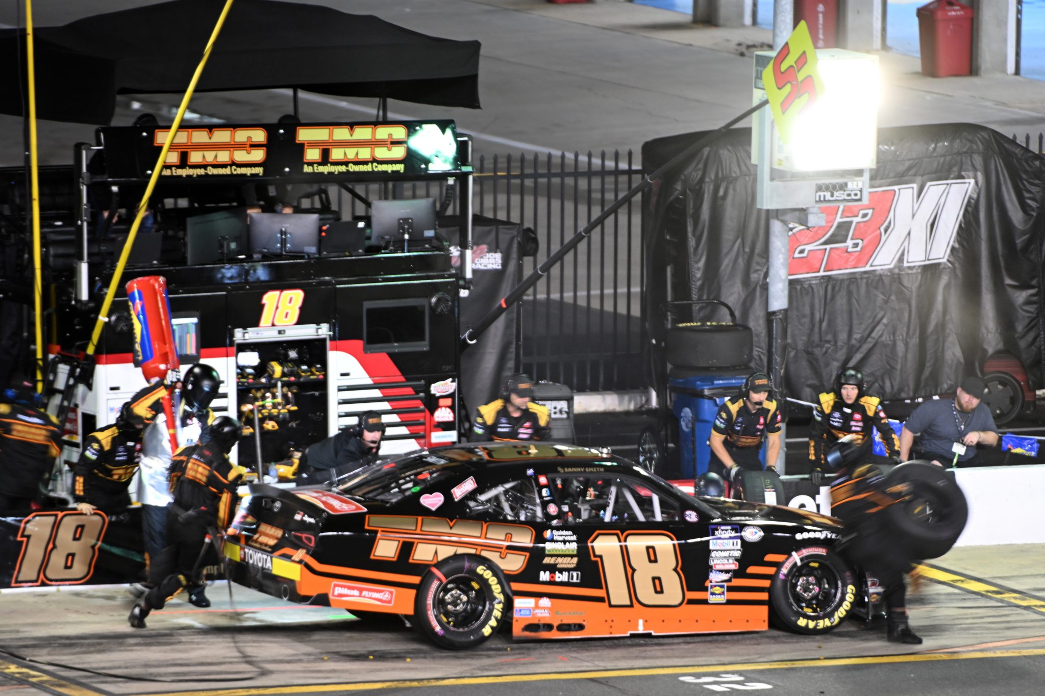 CONCORD, NORTH CAROLINA - MAY 29: Sammy Smith, driver of the #18 TMC Toyota, pits during the NASCAR Xfinity Series Alsco Uniforms 300 at Charlotte Motor Speedway on May 29, 2023 in Concord, North Carolina. (Photo by Logan Riely/Getty Images) | Getty Images