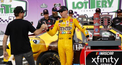 LEBANON, TENNESSEE - JUNE 19: Kyle Busch, driver of the #54 M&M's Toyota, is congratulated by his brother, Kurt Busch, driver of the #1 Monster Energy Chevrolet, in victory lane after winning after winning the NASCAR Xfinity Series Tennessee Lottery 250 at Nashville Superspeedway on June 19, 2021 in Lebanon, Tennessee. (Photo by Jared C. Tilton/Getty Images) | Getty Images