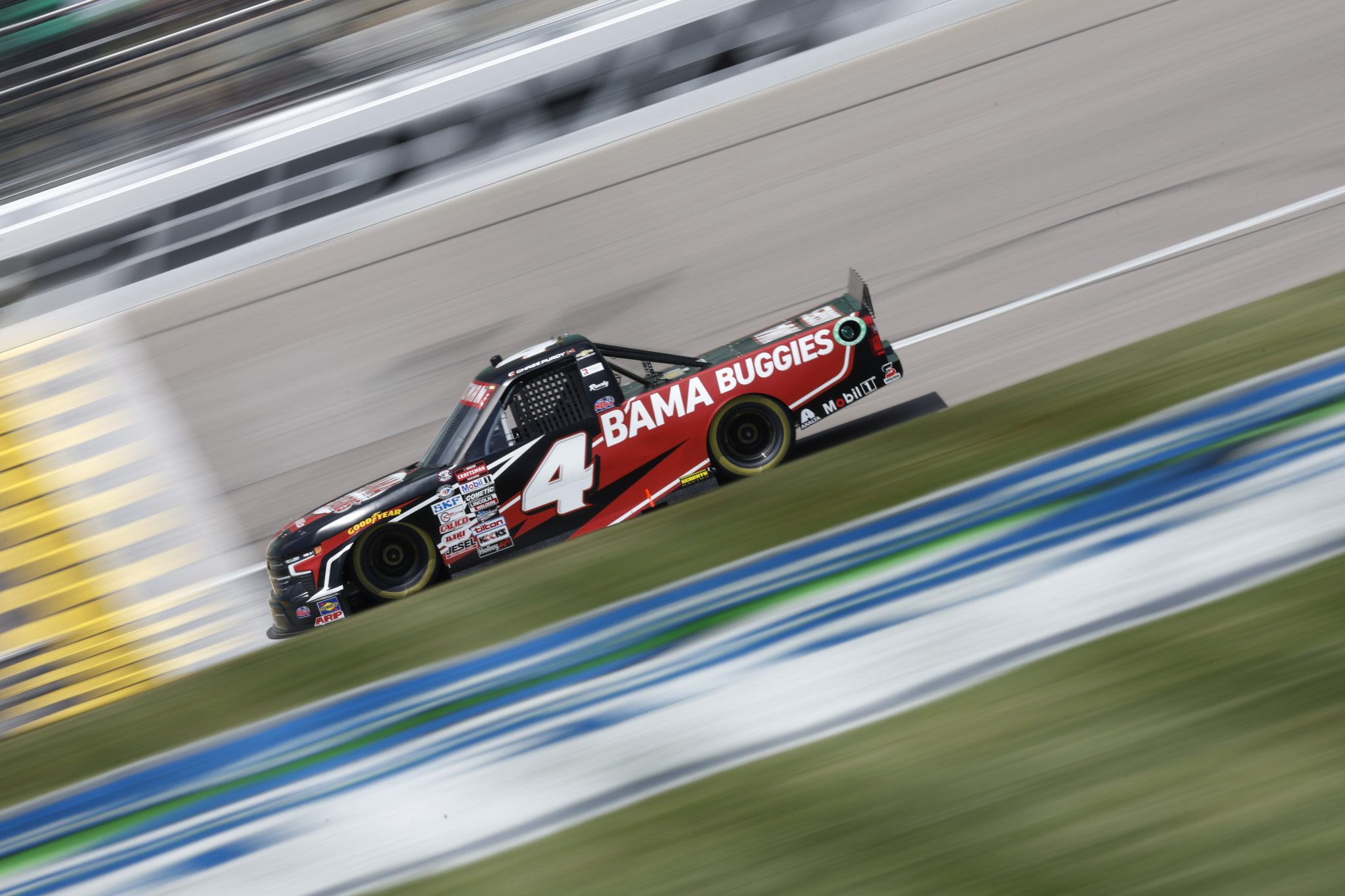 KANSAS CITY, KANSAS - MAY 06: Chase Purdy, driver of the #4 Bama Buggies Chevrolet drives during qualifying for the NASCAR Craftsman Truck Series Heart of America 200 at Kansas Speedway on May 06, 2023 in Kansas City, Kansas. (Photo by Sean Gardner/Getty Images) | Getty Images