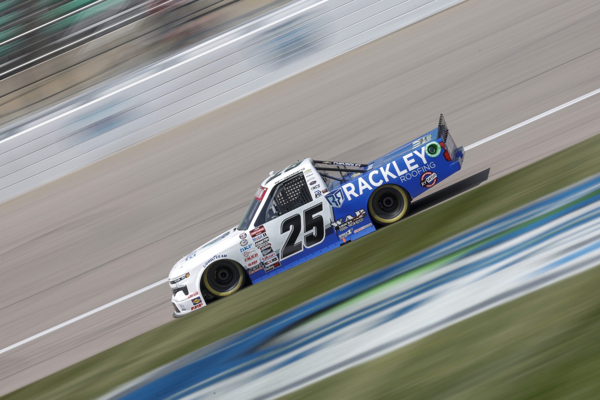 KANSAS CITY, KANSAS - MAY 06: Matt DiBenedetto, driver of the #25 Rackley RoofingWAR Shocks Chevrolet drives during qualifying for the NASCAR Craftsman Truck Series Heart of America 200 at Kansas Speedway on May 06, 2023 in Kansas City, Kansas. (Photo by Sean Gardner/Getty Images) | Getty Images