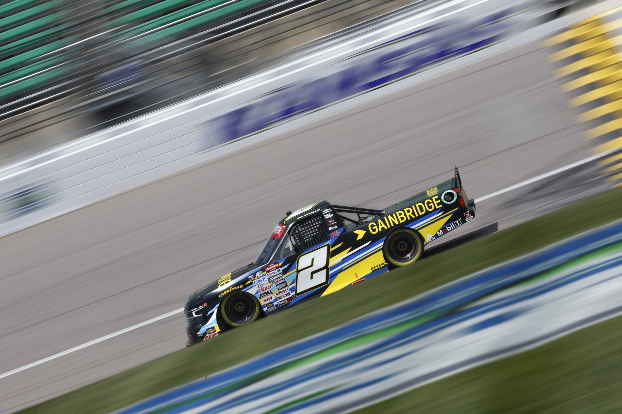 KANSAS CITY, KANSAS - MAY 06: Nick Sanchez, driver of the #2 Gainbridge Chevrolet drives during qualifying for the NASCAR Craftsman Truck Series Heart of America 200 at Kansas Speedway on May 06, 2023 in Kansas City, Kansas. (Photo by Sean Gardner/Getty Images) | Getty Images