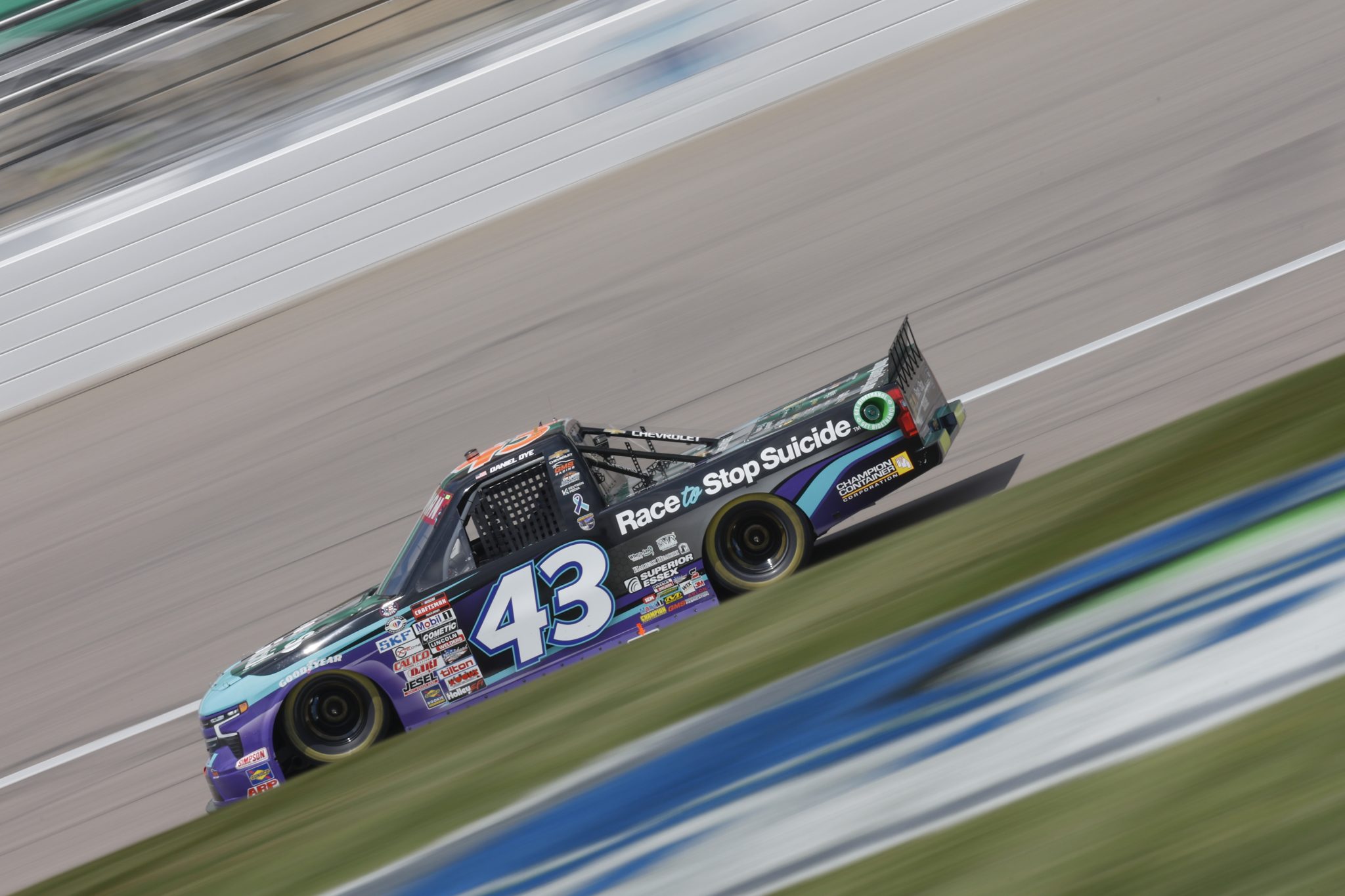 KANSAS CITY, KANSAS - MAY 06: Daniel Dye, driver of the #43 Race to Stop Suicide Chevrolet drives during qualifying for the NASCAR Craftsman Truck Series Heart of America 200 at Kansas Speedway on May 06, 2023 in Kansas City, Kansas. (Photo by Sean Gardner/Getty Images) | Getty Images