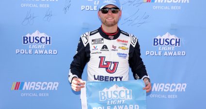 KANSAS CITY, KANSAS - MAY 06: William Byron, driver of the #24 Liberty University Chevrolet, poses for photos after winning the pole award during qualifying for the NASCAR Cup Series Advent Health 400 at Kansas Speedway on May 06, 2023 in Kansas City, Kansas. (Photo by Jonathan Bachman/Getty Images) | Getty Images