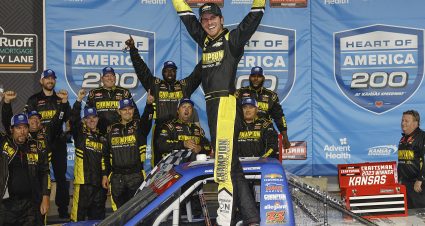 KANSAS CITY, KANSAS - MAY 06: Grant Enfinger, driver of the #23 Chevy Military Appreciation Chevrolet, celebrates in victory lane after winning the NASCAR Craftsman Truck Series Heart of America 200 at Kansas Speedway on May 06, 2023 in Kansas City, Kansas. (Photo by Sean Gardner/Getty Images) | Getty Images