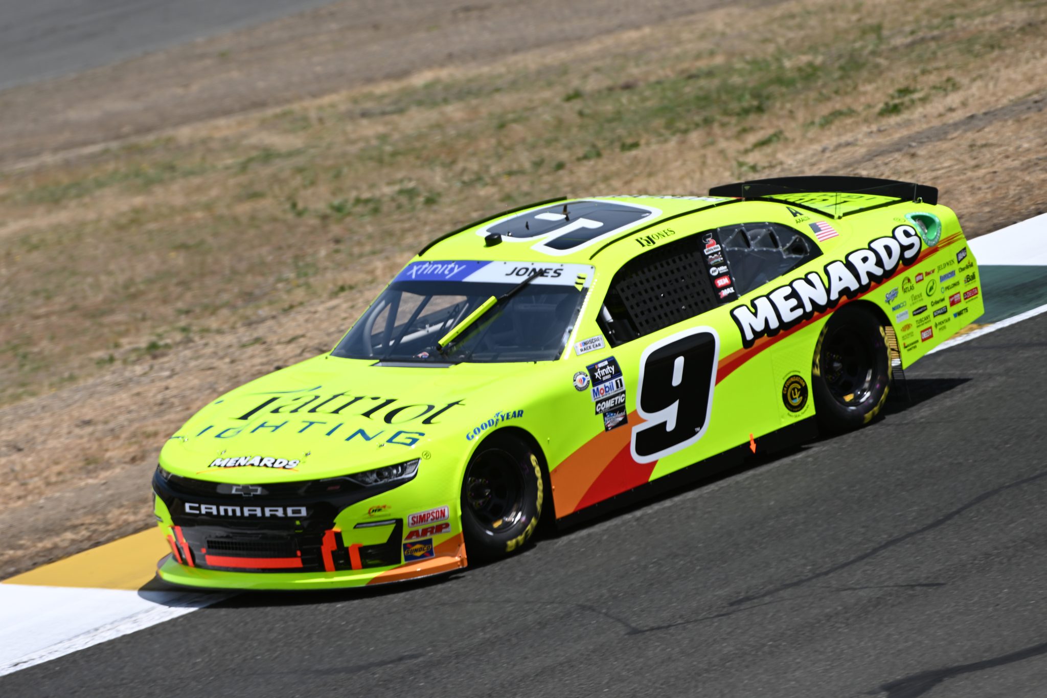 SONOMA, CALIFORNIA - JUNE 10: Brandon Jones, driver of the #9 Menards/Patriot Lighting Chevrolet, drives during qualifying for the NASCAR Xfinity Series DoorDash 250 at Sonoma Raceway on June 10, 2023 in Sonoma, California. (Photo by Logan Riely/Getty Images) | Getty Images