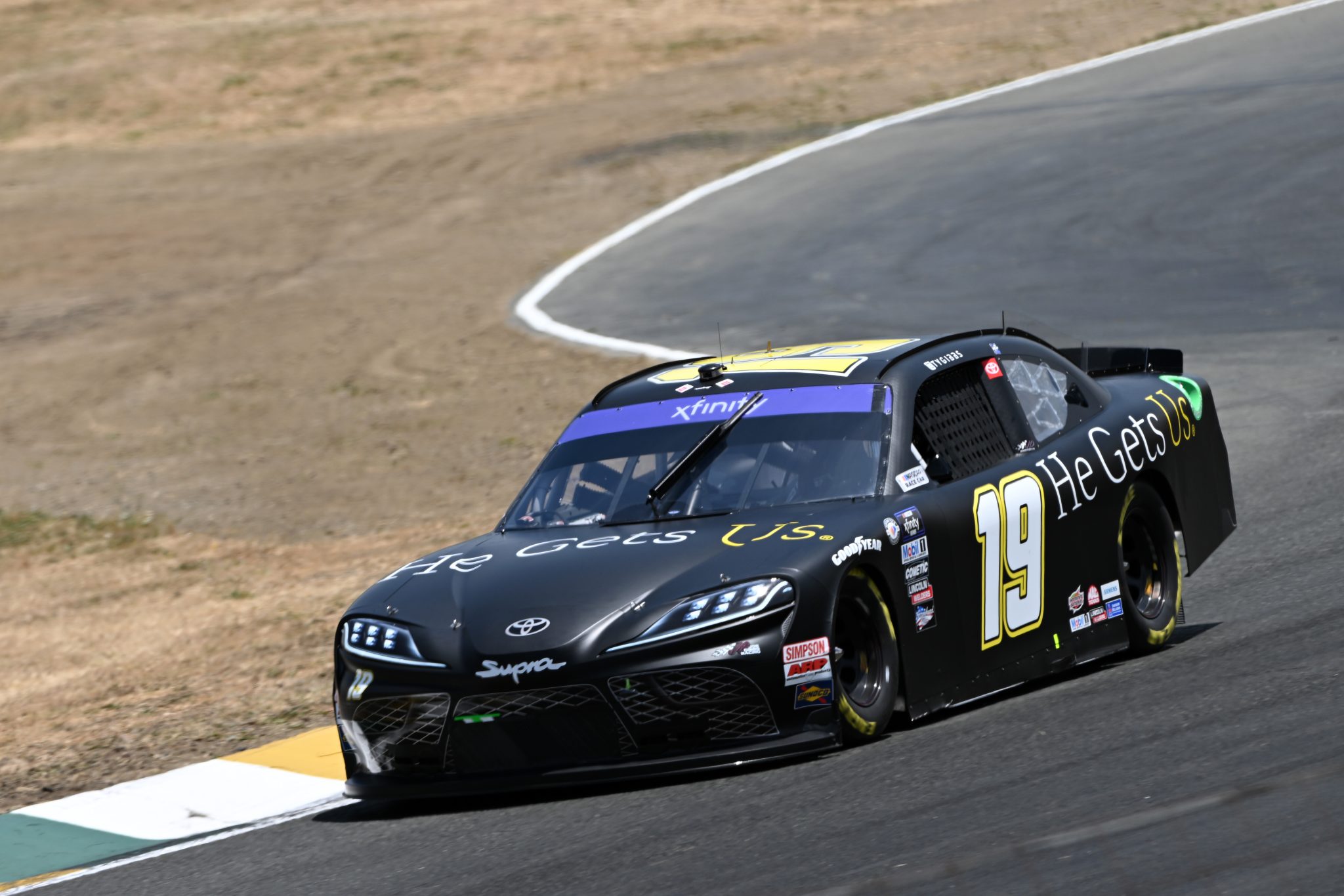 SONOMA, CALIFORNIA - JUNE 10: Ty Gibbs, driver of the #19 He Gets Us Toyota, drives during qualifying for the NASCAR Xfinity Series DoorDash 250 at Sonoma Raceway on June 10, 2023 in Sonoma, California. (Photo by Logan Riely/Getty Images) | Getty Images