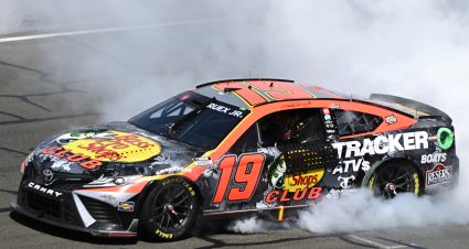 SONOMA, CALIFORNIA - JUNE 11: Martin Truex Jr., driver of the #19 Bass Pro Shops Toyota, celebrates with a burnout after winning the NASCAR Cup Series Toyota / Save Mart 350 at Sonoma Raceway on June 11, 2023 in Sonoma, California. (Photo by Logan Riely/Getty Images) | Getty Images