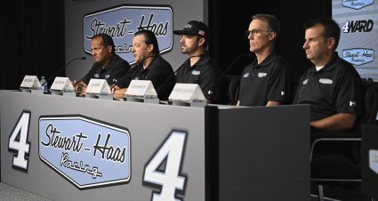 CONCORD, NORTH CAROLINA - JUNE 21: (L-R) Chief competition officer Greg Zipadelli, co-owner Tony Stewart, driver Josh Berry, driver Kevin Harvick and crew chief Rodney Childers answer questions during a press conference announcing Berry will drive the #4 Stewart-Hass Racing Ford Mustang in 2024 at Charlotte Motor Speedway on June 21, 2023 in Concord, North Carolina. (Photo by Grant Halverson/Getty Images) | Getty Images