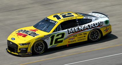 LEBANON, TENNESSEE - JUNE 24: Ryan Blaney, driver of the #12 Menards/Pennzoil Ford, drives during qualifying for the NASCAR Cup Series Ally 400 - Qualifying at Nashville Superspeedway on June 24, 2023 in Lebanon, Tennessee. (Photo by Logan Riely/Getty Images) | Getty Images