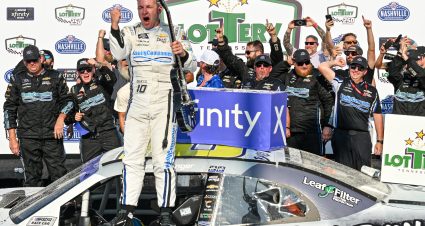 LEBANON, TENNESSEE - JUNE 24: AJ Allmendinger, driver of the #10 Bailey Zimmerman - Religiously Chevrolet, celebrates in victory lane after winning the NASCAR Xfinity Series Tennessee Lottery 250 at Nashville Superspeedway on June 24, 2023 in Lebanon, Tennessee. (Photo by Logan Riely/Getty Images) | Getty Images