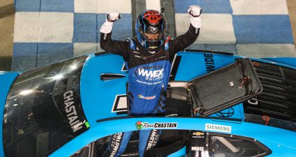 LEBANON, TENNESSEE - JUNE 25: Ross Chastain, driver of the #1 Worldwide Express Chevrolet, celebrates after winning the NASCAR Cup Series Ally 400 at Nashville Superspeedway on June 25, 2023 in Lebanon, Tennessee. (Photo by Meg Oliphant/Getty Images) | Getty Images