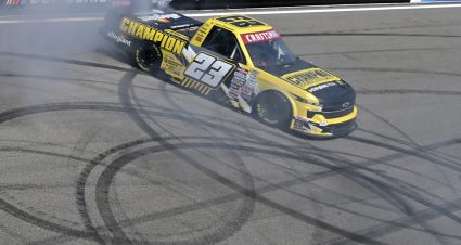 MADISON, ILLINOIS - JUNE 03: Grant Enfinger, driver of the #23 Champion Power Equipment Chevrolet, celebrates with a burnout after winning the NASCAR Craftsman Truck Series Toyota 200 at WWT Raceway on June 03, 2023 in Madison, Illinois. (Photo by Jeff Curry/Getty Images) | Getty Images