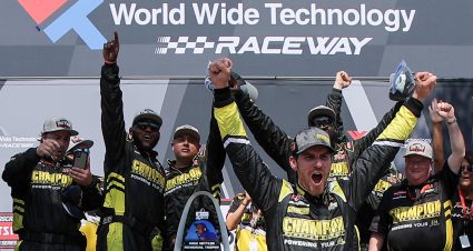 MADISON, ILLINOIS - JUNE 03: Grant Enfinger, driver of the #23 Champion Power Equipment Chevrolet, celebrates in victory lane after winning the NASCAR Craftsman Truck Series Toyota 200 at WWT Raceway on June 03, 2023 in Madison, Illinois. (Photo by Jonathan Bachman/Getty Images) | Getty Images