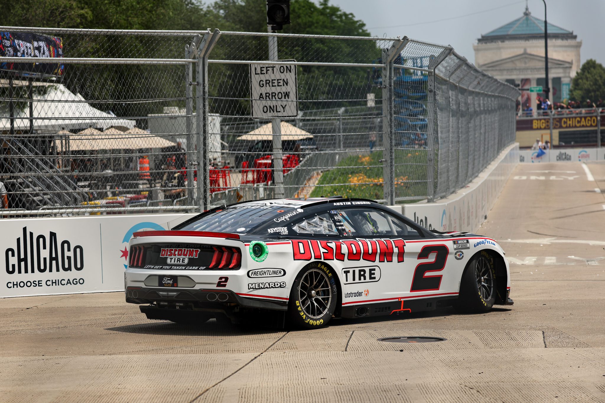 CHICAGO, ILLINOIS - JULY 01: Austin Cindric, driver of the #2 Discount Tire Ford, drives during practice for the NASCAR Cup Series Grant Park 220 at the Chicago Street Course on July 01, 2023 in Chicago, Illinois. (Photo by Michael Reaves/Getty Images) | Getty Images
