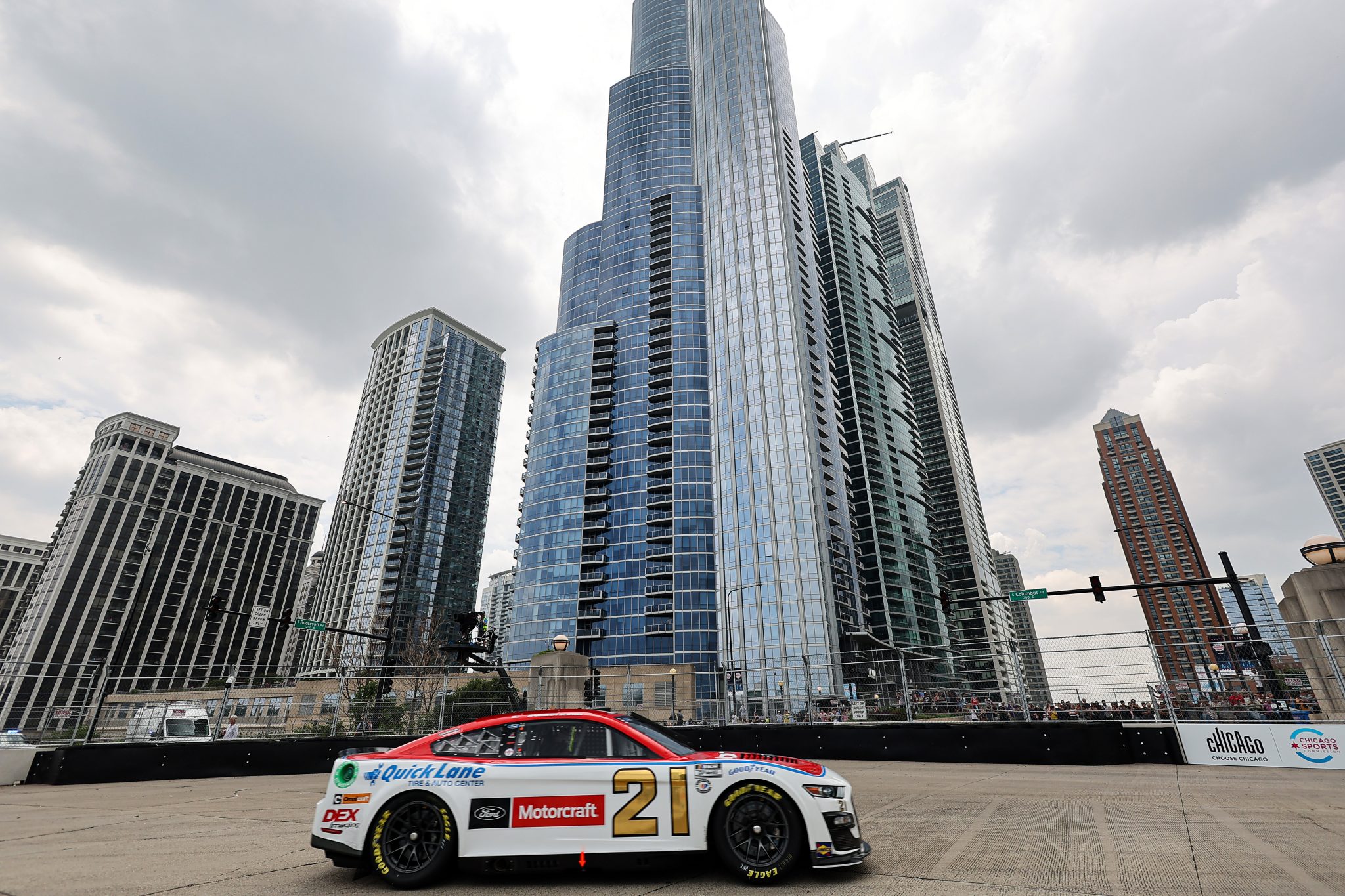 CHICAGO, ILLINOIS - JULY 01: Harrison Burton, driver of the #21 Motorcraft/Quick Lane Ford, drives during practice for the NASCAR Cup Series Grant Park 220 at the Chicago Street Course on July 01, 2023 in Chicago, Illinois. (Photo by Michael Reaves/Getty Images) | Getty Images