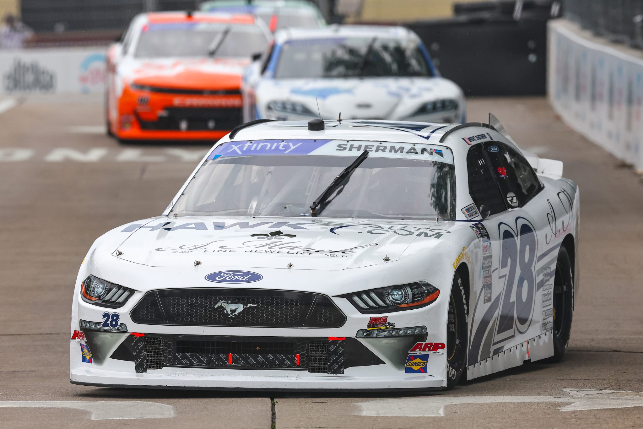 CHICAGO, ILLINOIS - JULY 01: Brent Sherman, driver of the #28 HawkAuto.com/A. Marek Jewelry Ford, drives during practice for the NASCAR Xfinity Series The Loop 121 at the Chicago Street Course on July 01, 2023 in Chicago, Illinois. (Photo by Michael Reaves/Getty Images) | Getty Images