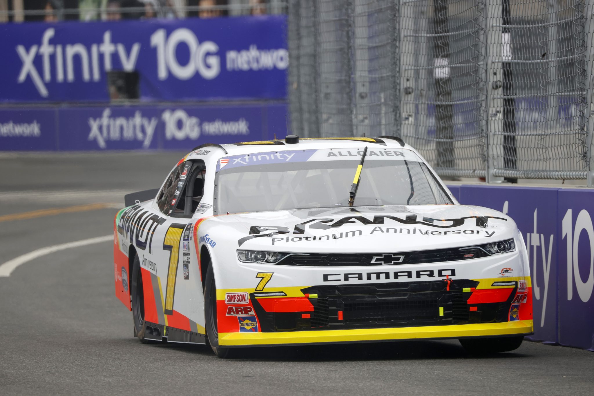 CHICAGO, ILLINOIS - JULY 01: Justin Allgaier, driver of the #7 BRANDT Chevrolet, drives during practice for the NASCAR Xfinity Series The Loop 121 at the Chicago Street Course on July 01, 2023 in Chicago, Illinois. (Photo by Chris Graythen/Getty Images) | Getty Images