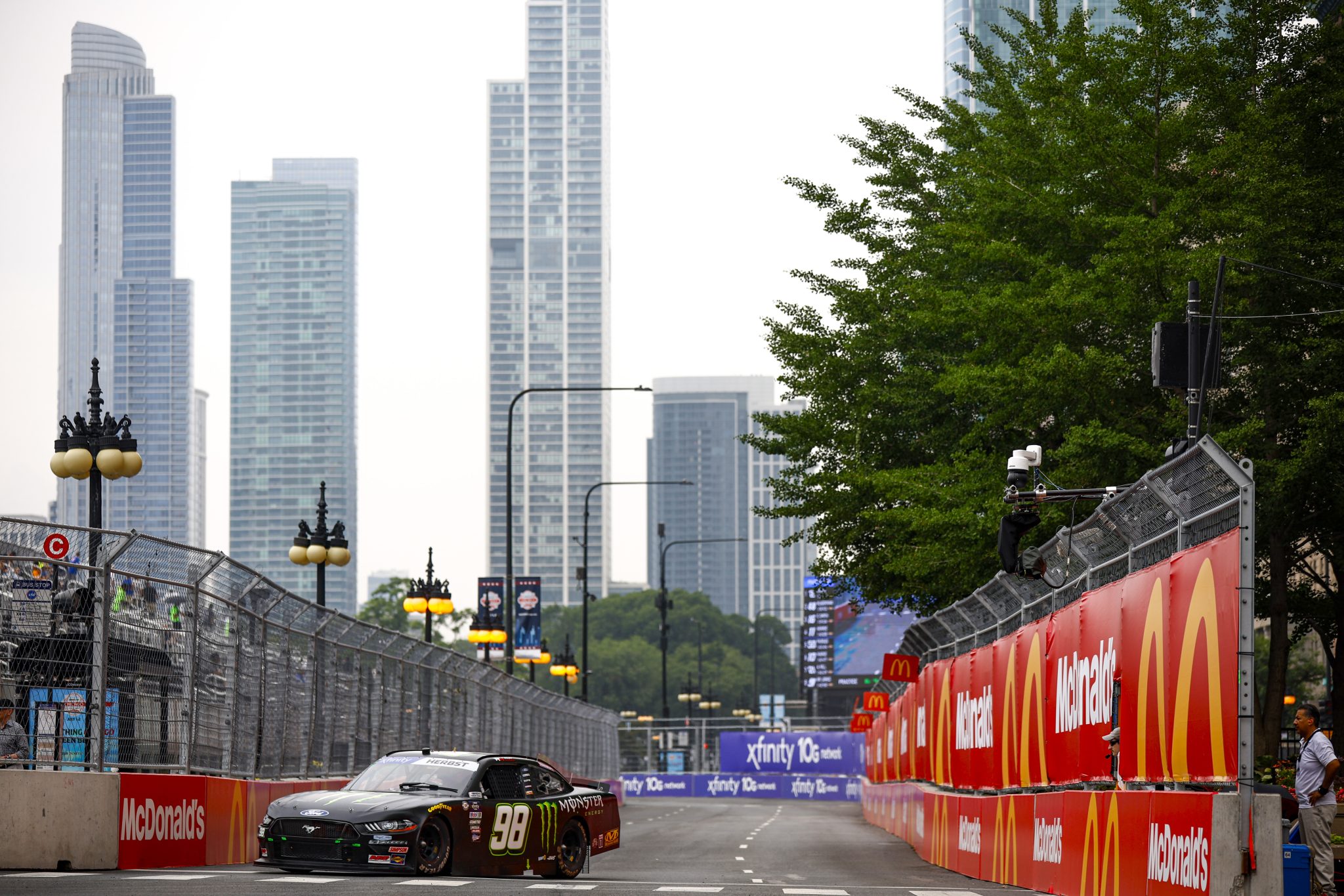 CHICAGO, ILLINOIS - JULY 01: Riley Herbst, driver of the #98 Monster Energy Ford, drives during practice for the NASCAR Xfinity Series The Loop 121 at the Chicago Street Course on July 01, 2023 in Chicago, Illinois. (Photo by Jared C. Tilton/Getty Images) | Getty Images