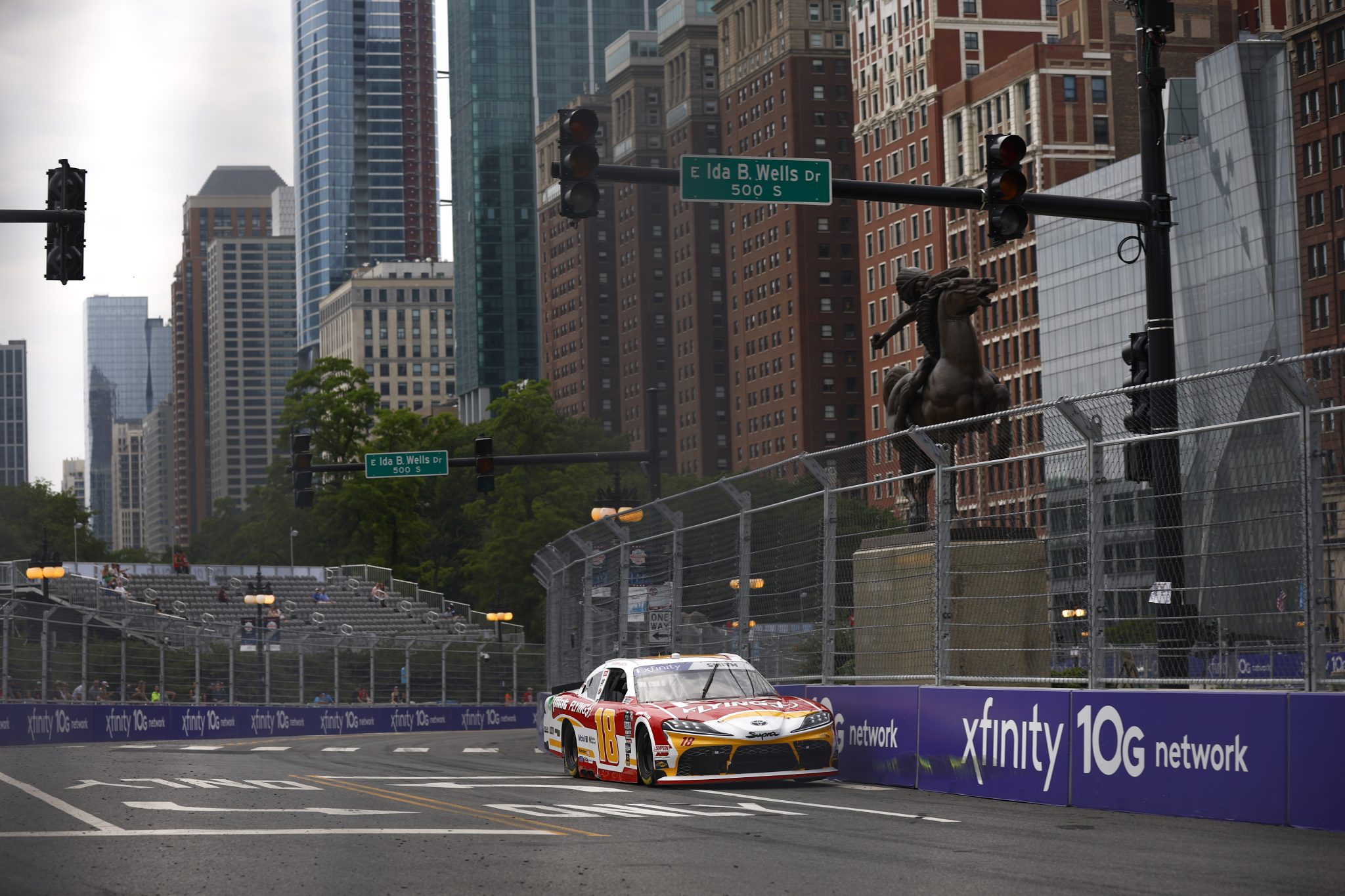 CHICAGO, ILLINOIS - JULY 01: Sammy Smith, driver of the #18 Pilot Flying J Toyota, drives during qualifying for the NASCAR Xfinity Series The Loop 121 at the Chicago Street Course on July 01, 2023 in Chicago, Illinois. (Photo by Jared C. Tilton/Getty Images) | Getty Images