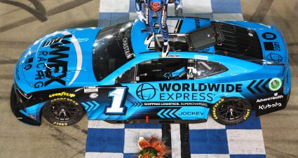 LEBANON, TENNESSEE - JUNE 25: Ross Chastain, driver of the #1 Worldwide Express Chevrolet, celebrates by smashing a watermelon after winning the NASCAR Cup Series Ally 400 at Nashville Superspeedway on June 25, 2023 in Lebanon, Tennessee. (Photo by Meg Oliphant/Getty Images) | Getty Images