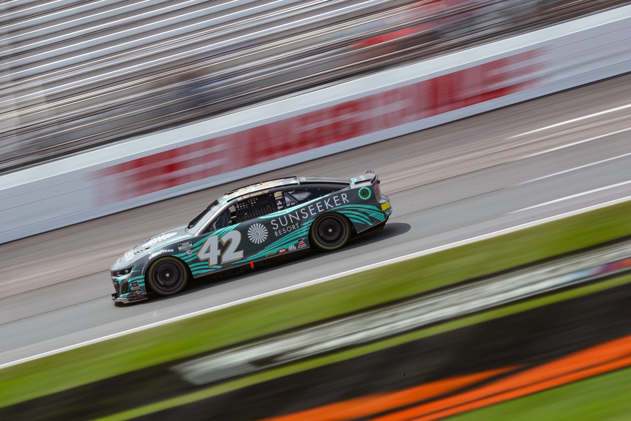 LOUDON, NEW HAMPSHIRE - JULY 15: Noah Gragson, driver of the #42 Sunseeker Resort Chevrolet, drives during qualifying for the NASCAR Cup Series Crayon 301 at New Hampshire Motor Speedway on July 15, 2023 in Loudon, New Hampshire. (Photo by Meg Oliphant/Getty Images) | Getty Images