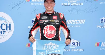 LOUDON, NEW HAMPSHIRE - JULY 15: Christopher Bell, driver of the #20 Rheem/WATTS Toyota, poses for photos after winning the pole award during qualifying for the NASCAR Cup Series Crayon 301 at New Hampshire Motor Speedway on July 15, 2023 in Loudon, New Hampshire. (Photo by Jonathan Bachman/Getty Images) | Getty Images