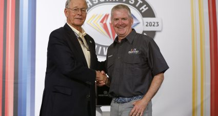 DARLINGTON, SOUTH CAROLINA - MAY 14: NASCAR Chairman and CEO Jim France (L) congratulates NASCAR Hall of Famers Jeff Burton on selection to NASCAR's 75 Greatest Drivers list prior to the NASCAR Cup Series Goodyear 400 at Darlington Raceway on May 14, 2023 in Darlington, South Carolina. (Photo by Jared C. Tilton/Getty Images) | Getty Images