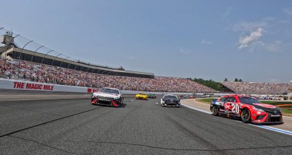 LOUDON, NEW HAMPSHIRE - JULY 17: Christopher Bell, driver of the #20 Rheem/WATTS Toyota, and Martin Truex Jr., driver of the #19 Reser's Fine Foods Toyota, lead the field on a pace lap prior to the NASCAR Cup Series Crayon 301 at New Hampshire Motor Speedway on July 17, 2023 in Loudon, New Hampshire. (Photo by Meg Oliphant/Getty Images) | Getty Images