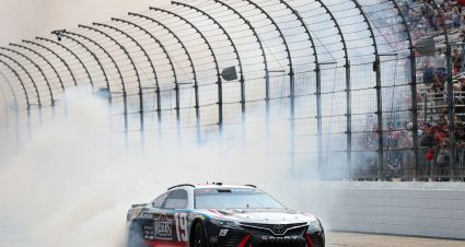 LOUDON, NEW HAMPSHIRE - JULY 17: Martin Truex Jr., driver of the #19 Reser's Fine Foods Toyota, celebrates with a burnout after winning the NASCAR Cup Series Crayon 301 at New Hampshire Motor Speedway on July 17, 2023 in Loudon, New Hampshire. (Photo by Meg Oliphant/Getty Images) | Getty Images