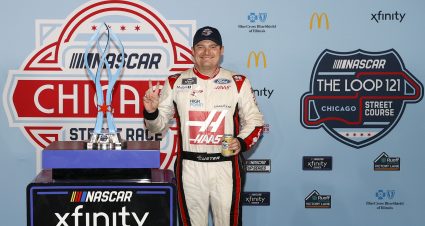 CHICAGO, ILLINOIS - JULY 02: Cole Custer, driver of the #00 HAAS Automation Ford, celebrates in victory lane after winning weather-shortened NASCAR Xfinity Series The Loop 121 at the Chicago Street Course on July 02, 2023 in Chicago, Illinois. (Photo by Chris Graythen/Getty Images) | Getty Images