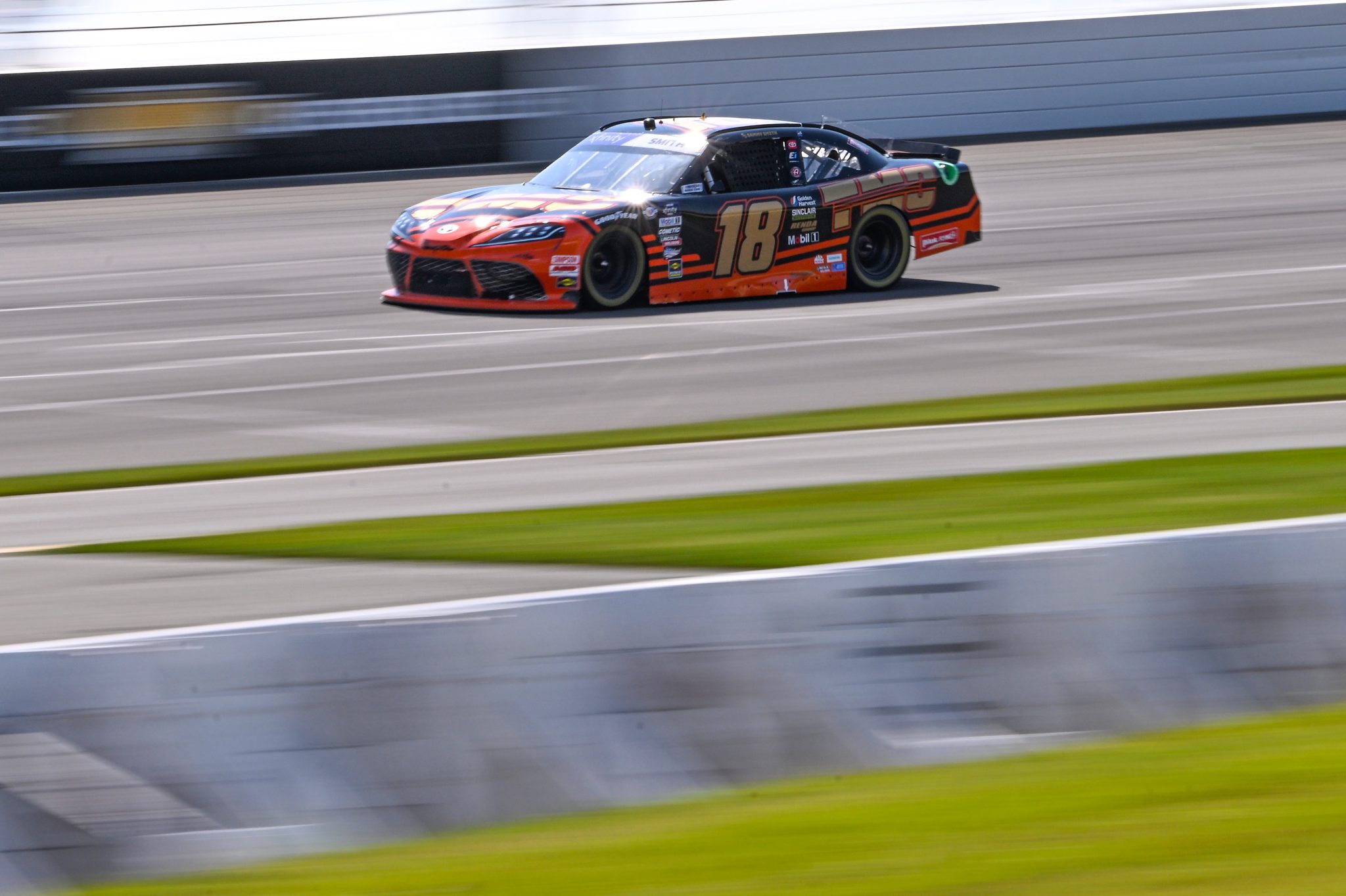 LONG POND, PENNSYLVANIA - JULY 21: Sammy Smith, driver of the #18 TMC Toyota, drives during practice for the NASCAR Xfinity Series Pocono 225 at Pocono Raceway on July 21, 2023 in Long Pond, Pennsylvania. (Photo by Logan Riely/Getty Images) | Getty Images