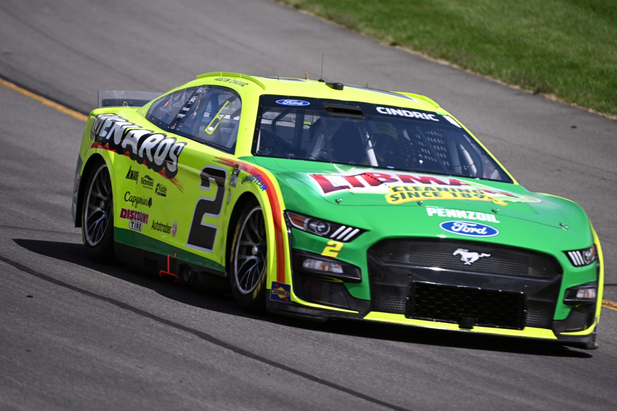 LONG POND, PENNSYLVANIA - JULY 22: Austin Cindric, driver of the #2 Menards/Libman Ford, drives during practice for the NASCAR Cup Series HighPoint.com 400 at Pocono Raceway on July 22, 2023 in Long Pond, Pennsylvania. (Photo by Logan Riely/Getty Images) | Getty Images