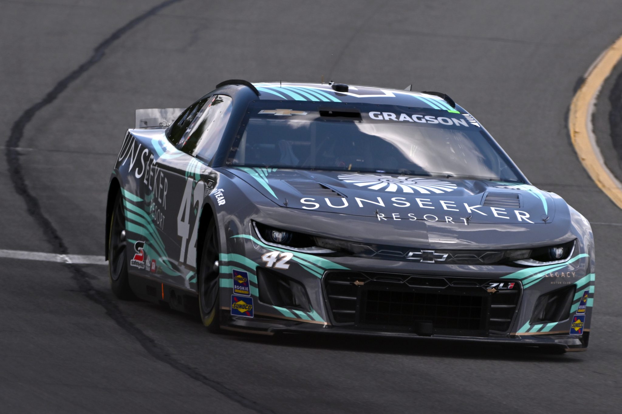 LONG POND, PENNSYLVANIA - JULY 22: Noah Gragson, driver of the #42 Sunseeker Resort Chevrolet, drives during practice for the NASCAR Cup Series HighPoint.com 400 at Pocono Raceway on July 22, 2023 in Long Pond, Pennsylvania. (Photo by Logan Riely/Getty Images) | Getty Images