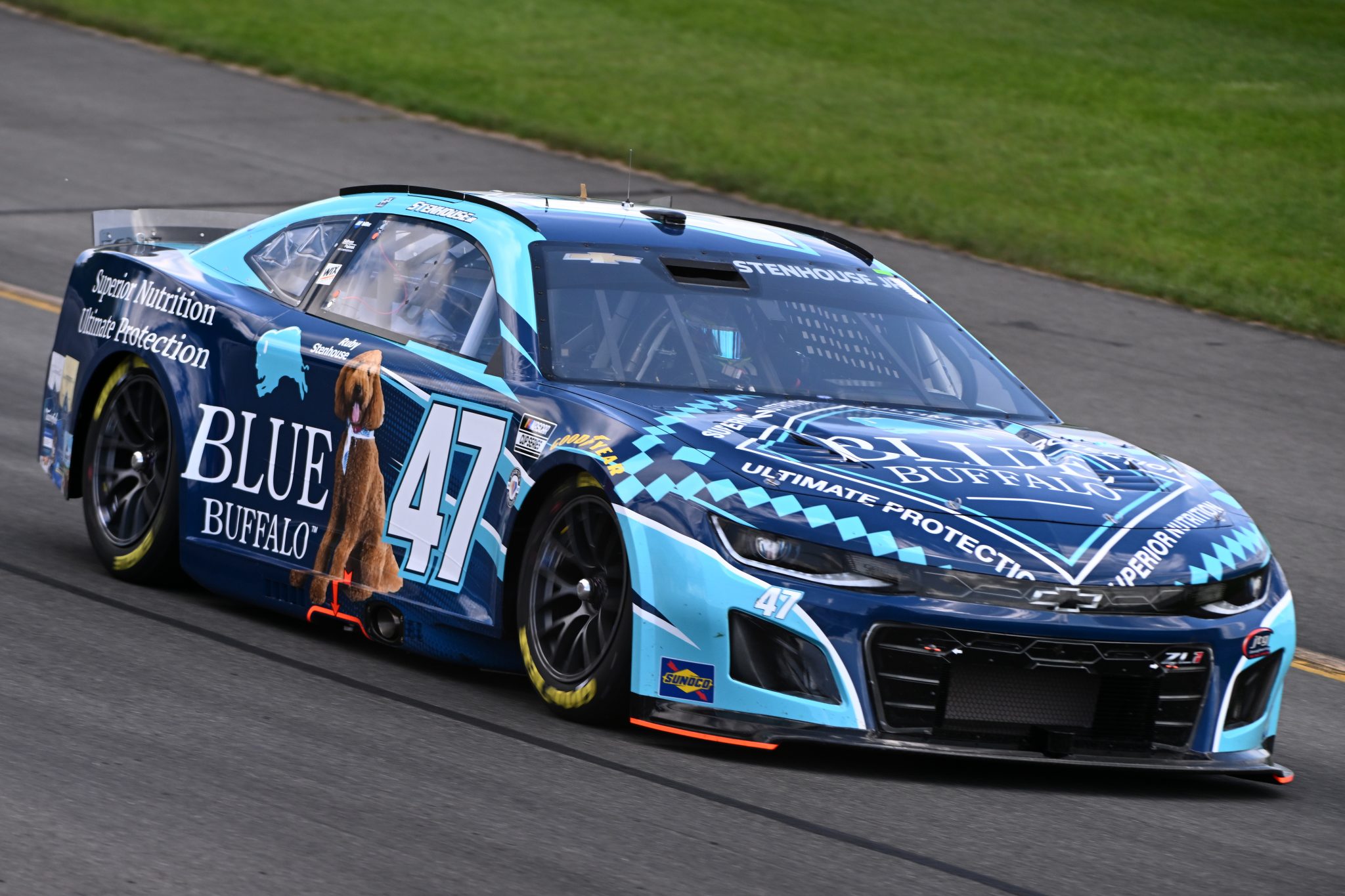 LONG POND, PENNSYLVANIA - JULY 22: Ricky Stenhouse Jr., driver of the #47 Blue Buffalo Chevrolet, drives during practice for the NASCAR Cup Series HighPoint.com 400 at Pocono Raceway on July 22, 2023 in Long Pond, Pennsylvania. (Photo by Logan Riely/Getty Images) | Getty Images