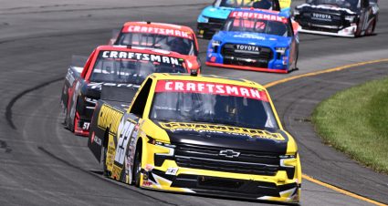 LONG POND, PENNSYLVANIA - JULY 22: Grant Enfinger, driver of the #23 Champion Power Equipment Chevrolet, drives during the NASCAR Craftsman Truck Series CRC Brakleen 150 at Pocono Raceway on July 22, 2023 in Long Pond, Pennsylvania. (Photo by Logan Riely/Getty Images) | Getty Images