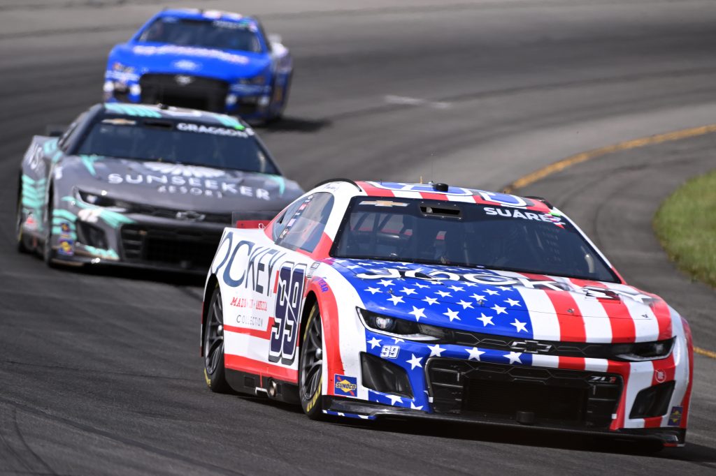 LONG POND, PENNSYLVANIA - JULY 23: Daniel Suarez, driver of the #99 Jockey Chevrolet, drives during the NASCAR Cup Series HighPoint.com 400 at Pocono Raceway on July 23, 2023 in Long Pond, Pennsylvania. (Photo by Logan Riely/Getty Images) | Getty Images