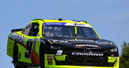ELKHART LAKE, WISCONSIN - JULY 29: Brandon Jones, driver of the #9 Menards/Pennington Grass Seed Chevrolet, drives  during the NASCAR Xfinity Series Road America 180 at Road America on July 29, 2023 in Elkhart Lake, Wisconsin. (Photo by Logan Riely/Getty Images) | Getty Images